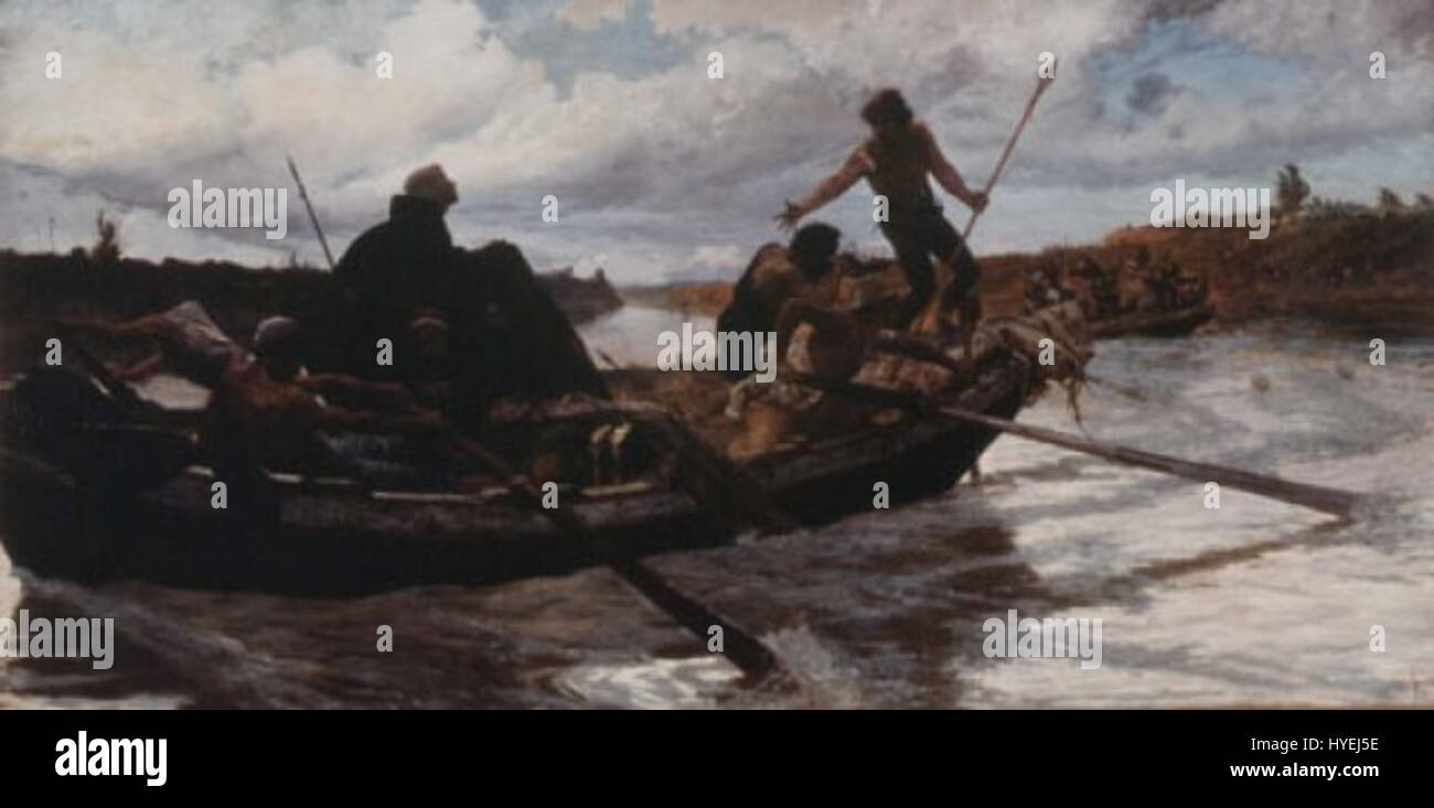 "La fuga di Papa Eugenio IV" di Pio Joris ritrae la drammatica fuga di Papa Eugenio IV durante un periodo di tumulti politici nell'Italia del XV secolo. Il dipinto cattura la tensione e l'urgenza della situazione, raffigurando un momento chiave nella storia papale. Foto Stock