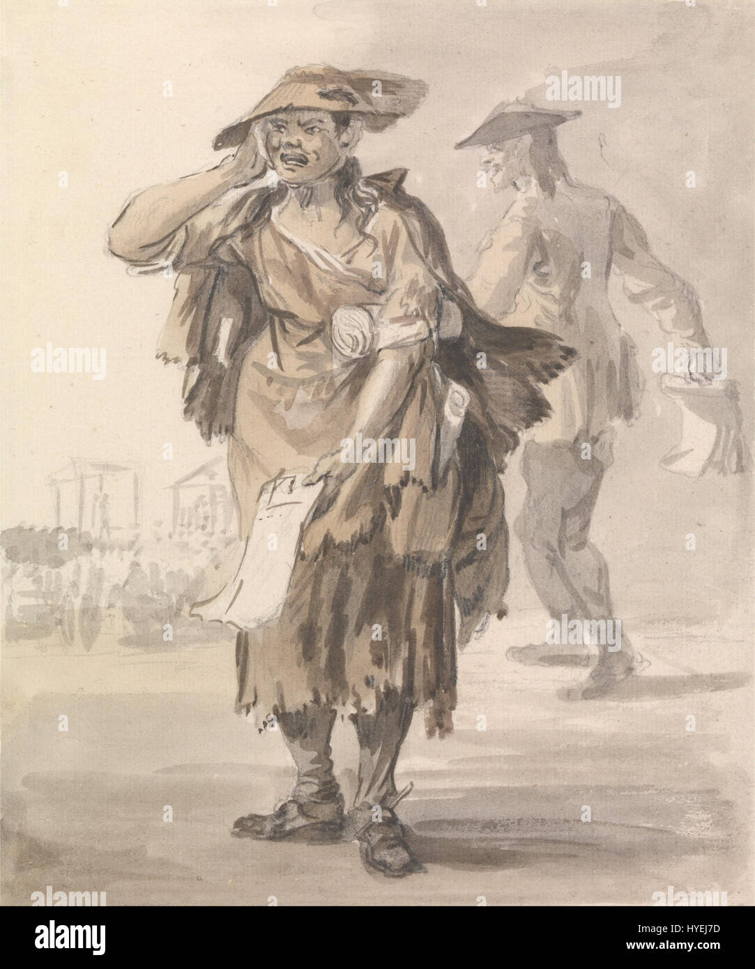 Questa opera d'arte di Paul Sandby cattura una scena di strada londinese in cui si sta svolgendo un'esecuzione pubblica, mostrando un momento triste nella vita della Londra del XVIII secolo. Il pezzo riflette gli atteggiamenti della società verso il crimine, la punizione e gli spettacoli pubblici del tempo. Foto Stock