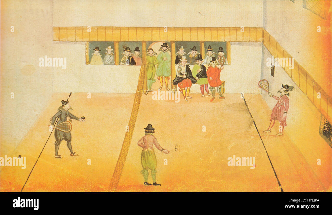 Renaissance Tennis si riferisce alla rappresentazione del tennis in opere d'arte durante il periodo rinascimentale. Il gioco, spesso mostrato in contesti aristocratici, era un passatempo popolare nei tribunali ed era raffigurato nei dipinti dell'epoca. Queste opere d'arte forniscono informazioni sui costumi sociali, le attività ricreative e la vita culturale dell'élite rinascimentale, mostrando abbigliamento elegante e comportamento cortese. Foto Stock