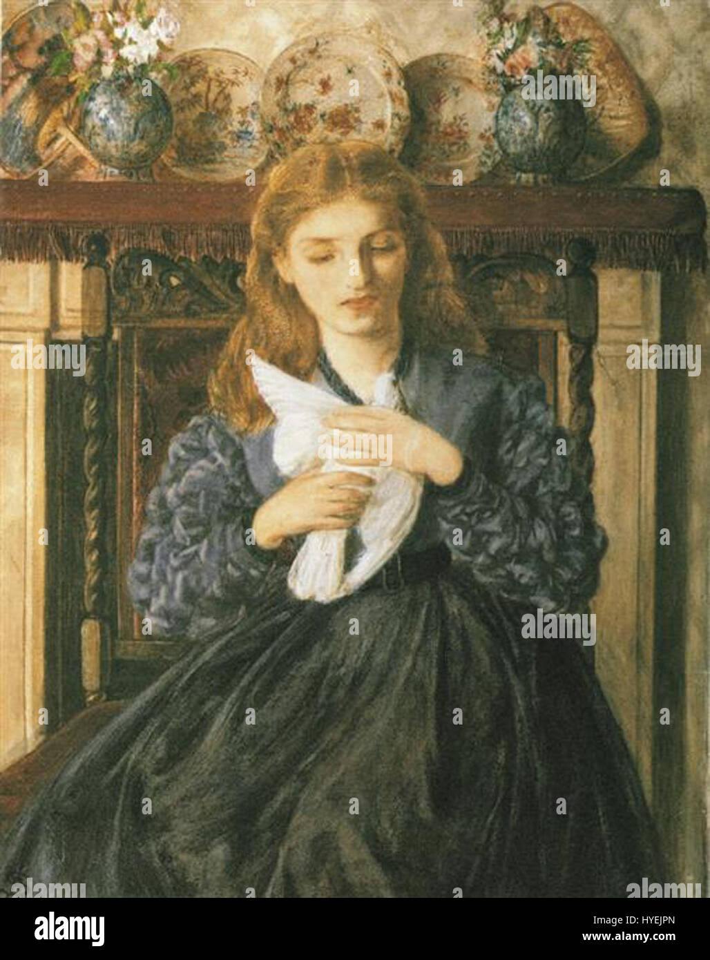 "La colomba ferita" di Rebecca Solomon è un dipinto britannico del XIX secolo che simboleggia il tema della sofferenza femminile. L'immagine di una colomba, spesso simbolo di pace, viene mostrata ferita, una metafora delle dolorose esperienze emotive delle donne durante l'epoca vittoriana. Foto Stock