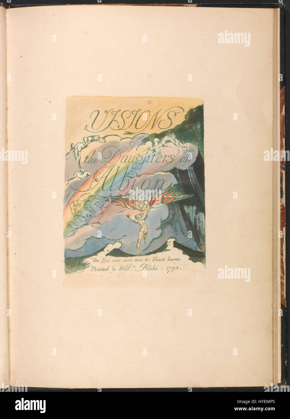Il secondo piatto di William Blake 'Visions of the Daughters of Albion' presenta un'immagine iconica del poema, esplorando temi di libertà e oppressione. Le illustrazioni di Blake sono parte integrante della sua visione poetica, combinando testo e arte visiva per esprimere ideali sociali e politici. Foto Stock