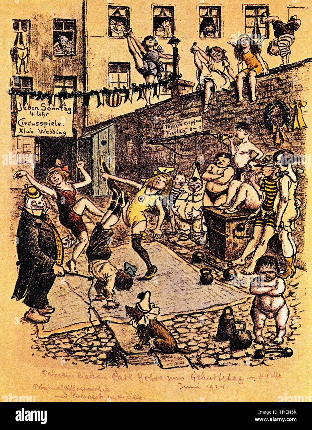 "Circusspiele" (Giochi del Circo) di Heinrich Zille, creato nel 1924, raffigura l'atmosfera vivace di uno spettacolo circense, concentrandosi sui suoi artisti e sulla cultura dello spettacolo dell'epoca. Foto Stock