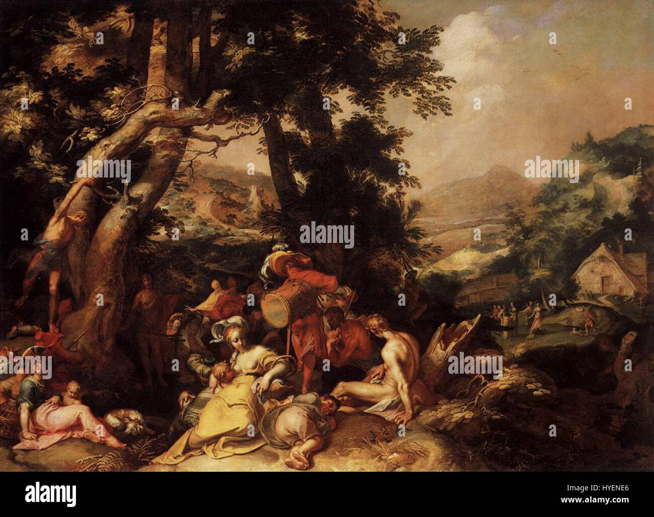 "La predicazione di San Giovanni Battista" di Abraham Bloemaert è un dipinto olandese del XVII secolo che raffigura la figura biblica in un momento di oratorio religioso, utilizzando colori vivaci e composizione dinamica. Foto Stock