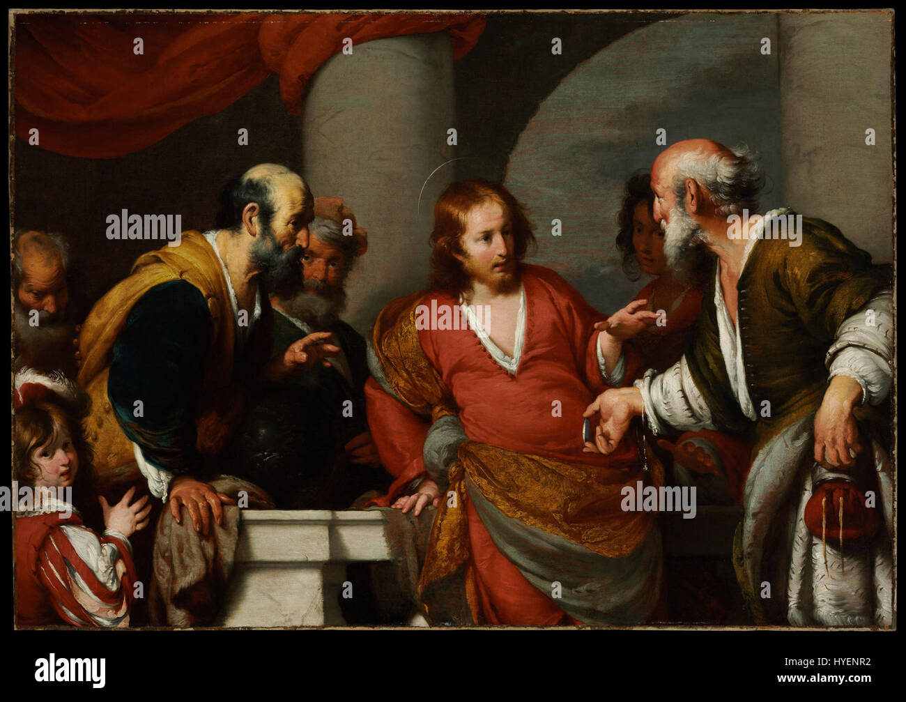 "Il denaro tributo" di Bernardo Strozzi è un dipinto barocco che raffigura una scena biblica del nuovo Testamento. Ritrae Gesù e i suoi discepoli con il esattore delle tasse, sottolineando temi di fede e moralità. Foto Stock