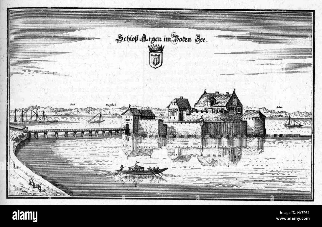 Argen è un'illustrazione storica di Merian, un rinomato artista tedesco-svizzero, che raffigura una vista dettagliata e vivace di una città o di una regione. L'opera riflette l'esperienza di Merian nelle rappresentazioni topografiche e architettoniche, mostrando la sua abilità di catturare l'essenza della vita urbana nel XVII secolo. Foto Stock