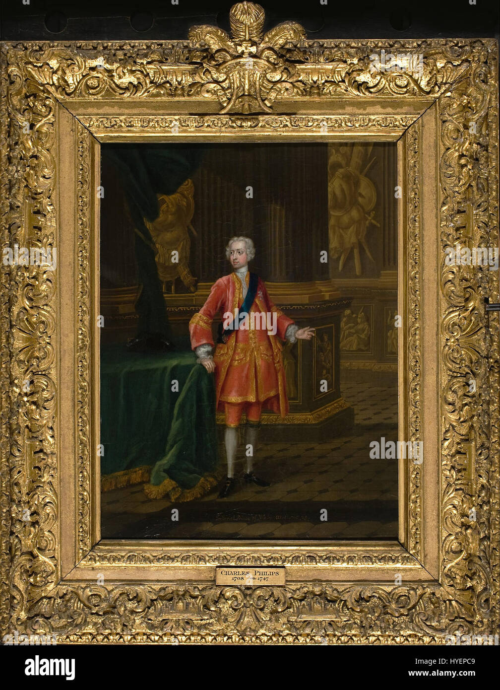 Un ritratto di Carlo Philips Federico, Principe di Galles, una notevole figura reale britannica del XVIII secolo. L'opera d'arte cattura il suo comportamento regale e funge da importante pezzo di storia reale, rappresentando l'eredità della monarchia britannica durante la sua epoca. Foto Stock