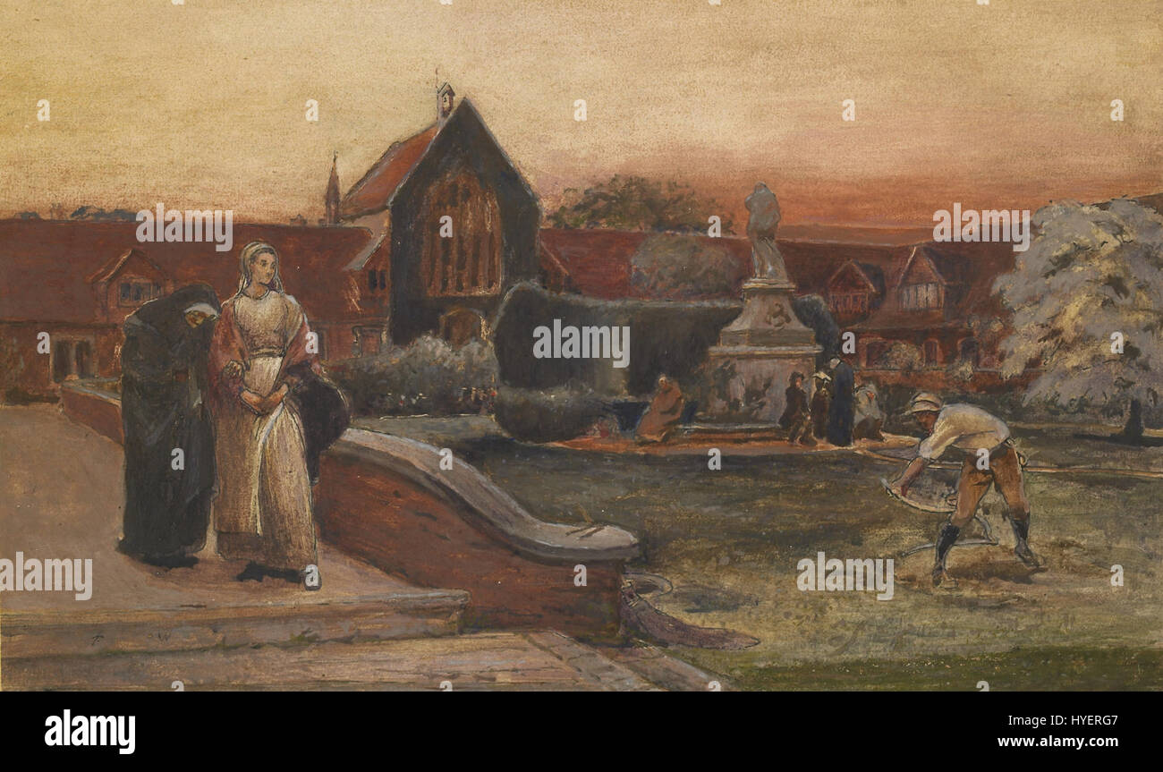 Lo studio di Frederick Walker del 1871, «The Harbour of Refuge», esplora il tema della sicurezza e del santuario, con una scena costiera con un porto come rifugio. Il pezzo cattura un momento di tranquillità, con barche e acque calme in primo piano, suggerendo un senso di sicurezza e riparo. Foto Stock