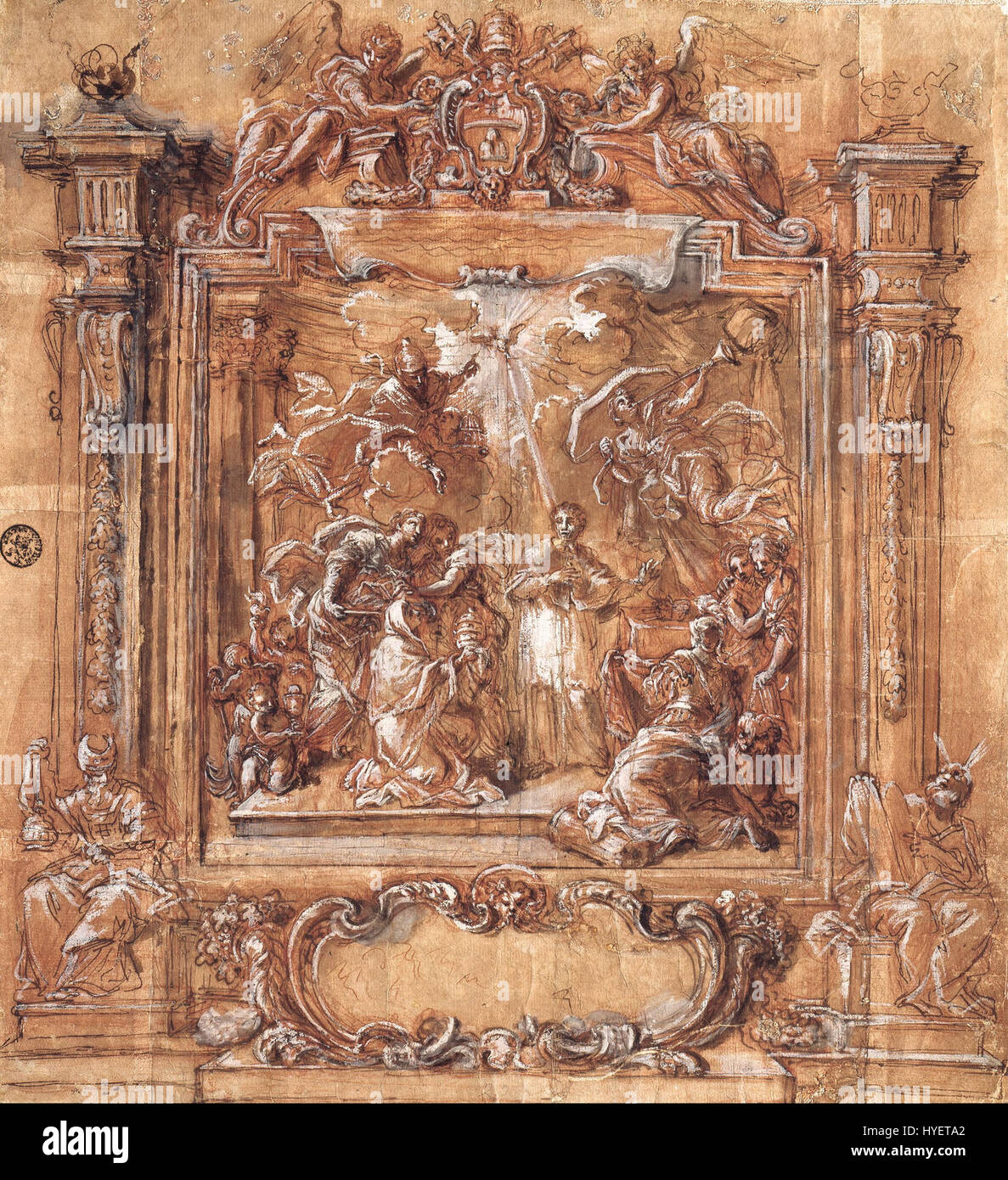 Giuseppe Passeri, un artista italiano, dipinse questa opera raffigurante il cardinale Albani che riceve la Tiara, simbolo dell'autorità papale. La scena evidenzia il significato religioso e cerimoniale della Tiara nella Chiesa cattolica, concentrandosi sul momento di elevazione all'interno della gerarchia della chiesa. Foto Stock