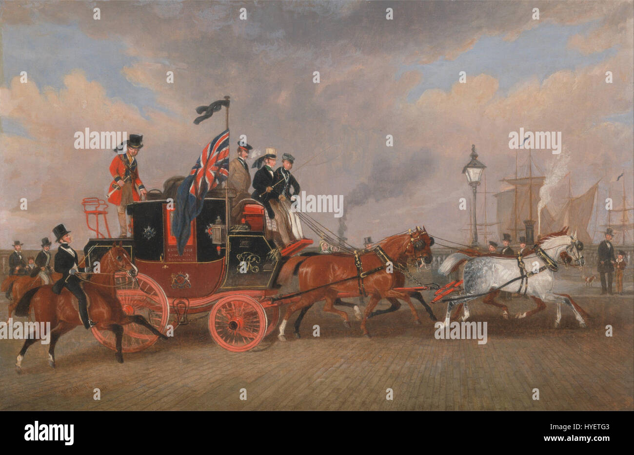 "The Last of the mail Coaches at Newcastle upon Tyne" di James Pollard cattura gli ultimi giorni del sistema di corriere postale in Gran Bretagna. L'opera d'arte enfatizza la transizione dalle carrozze trainate da cavalli ai treni all'inizio del XIX secolo. Foto Stock