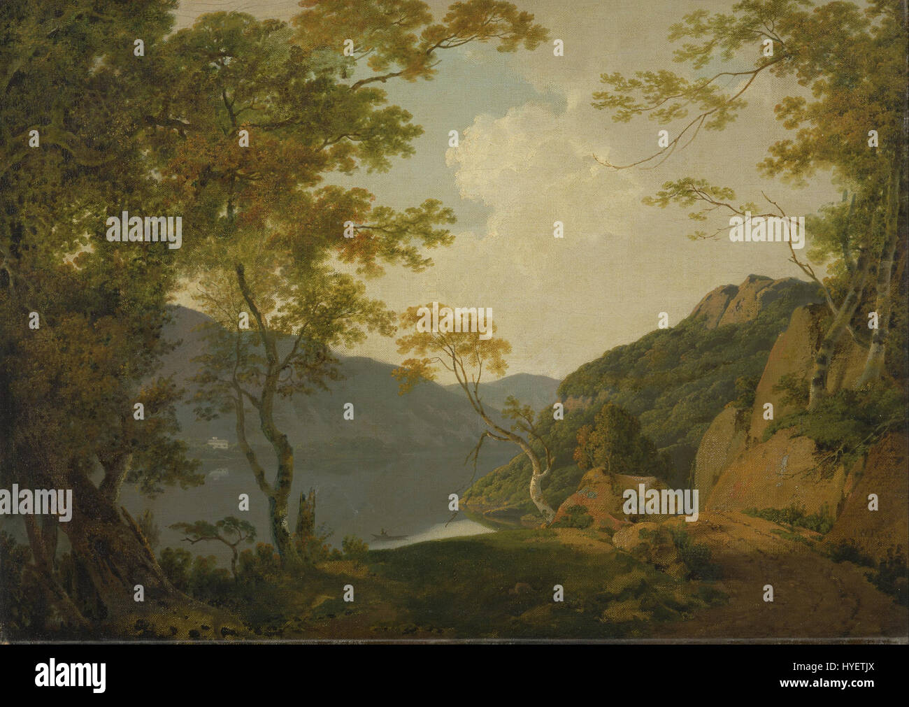 Joseph Wright of Derby 'Lake Scene' cattura la drammatica interazione di luce e paesaggio. Noto per il suo uso del chiaroscuro, l'opera di Wright spesso mette in evidenza il contrasto tra luce e oscurità, come si vede in questa rappresentazione atmosferica della natura. Foto Stock