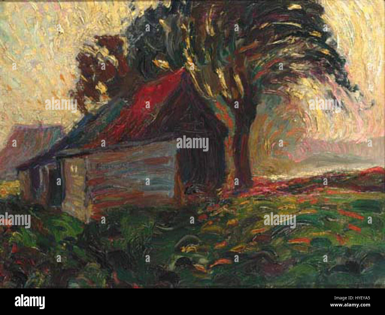 "Namiddagzon" (sole del pomeriggio) di Leo Gestel, dipinto nel 1908, cattura il caldo bagliore della luce del pomeriggio su un paesaggio rurale. L'opera riflette l'attenzione dell'artista al colore, alla luce e all'umore, tipici del suo stile post-impressionista. Foto Stock