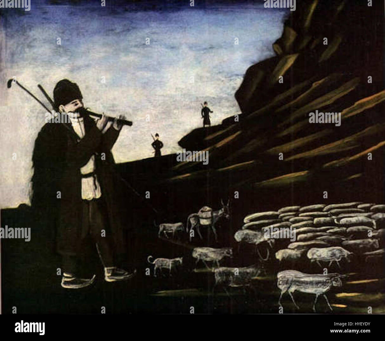 "Un pastore con il suo gregge" di Niko Pirosmani (olio su un panno di olio, 110x138 cm) è una rappresentazione toccante della vita rurale georgiana. Il dipinto, ospitato nel Museo Statale di Belle Arti della Georgia, Tbilisi, cattura la semplicità e la solitudine di un pastore e delle sue pecore, riflettendo la maestria dell'artista nell'arte popolare e il suo profondo legame con la cultura georgiana. Foto Stock