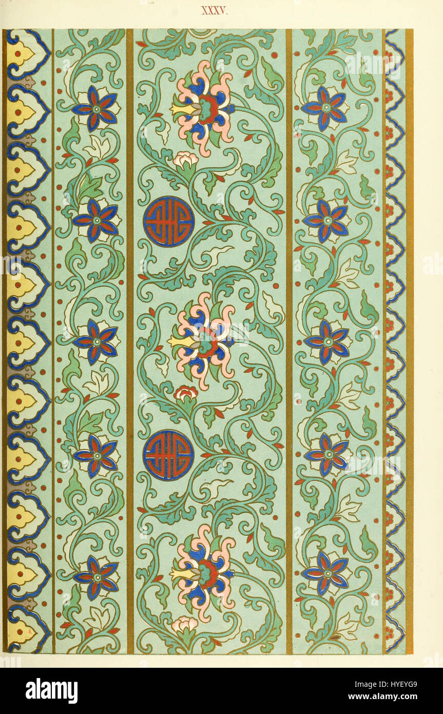 Questo piatto di "esempi di ornamento cinese" di Owen Jones mostra l'arte decorativa tradizionale cinese. I disegni dettagliati riflettono la complessità e l'influenza dei motivi cinesi nelle arti ornamentali globali Foto Stock