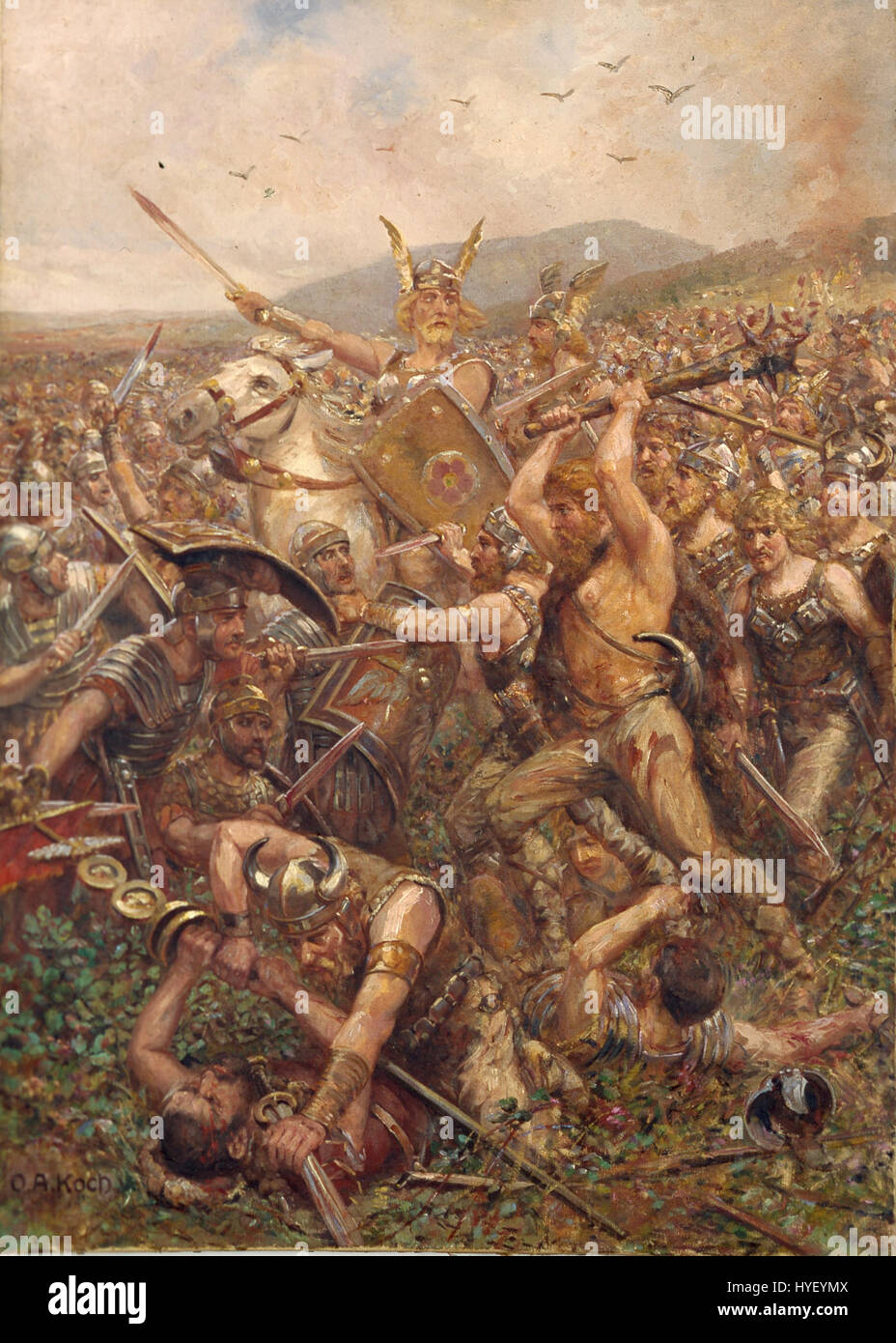 Il *Varusschlacht* (Battaglia della Foresta di Teutoburgo) di otto Albert Koch del 1909 descrive la battaglia storica in cui le tribù germaniche sconfissero in modo decisivo le forze romane nel 9 d.C. L'opera d'arte cattura il caos e il significato di questa battaglia nella storia europea. Foto Stock