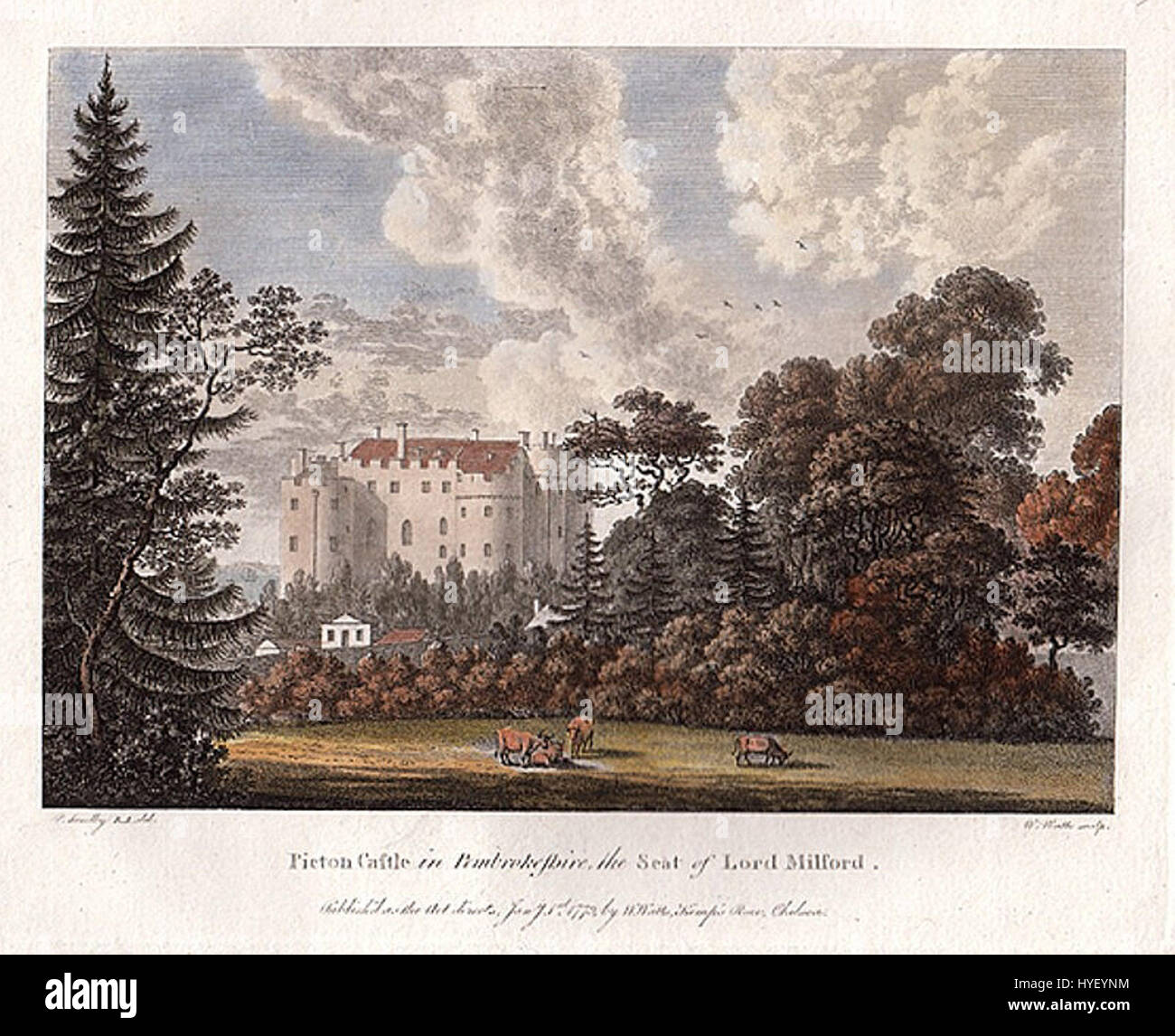 Questa immagine raffigura il castello di Picton nel Pembrokeshire, Galles, come ritratto da Paul Sandby in un disegno colorato. L'opera d'arte riflette l'abilità di Sandby nel catturare strutture architettoniche e paesaggi con le sue tecniche di colore uniche, mostrando la bellezza panoramica del castello e dell'area circostante. Foto Stock
