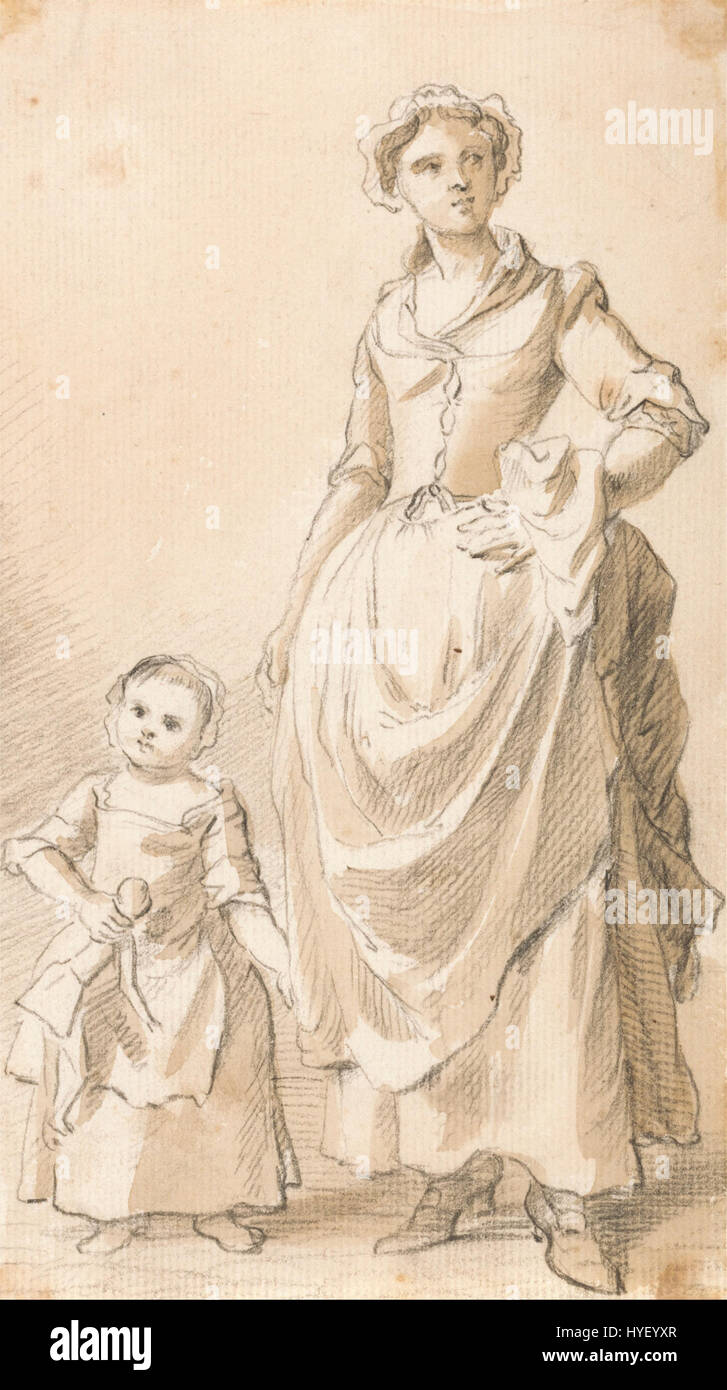 In questo acquerello di Paul Sandby, una donna e un bambino sono raffigurati tenendo in mano una bambola. Il dipinto cattura un momento tenero, mostrando l'abilità di Sandby nel rendere le figure umane con grazia e calore. Sandby, noto per i suoi paesaggi, ha anche catturato scene intime che trasmettevano emozioni umane e legami familiari. Foto Stock