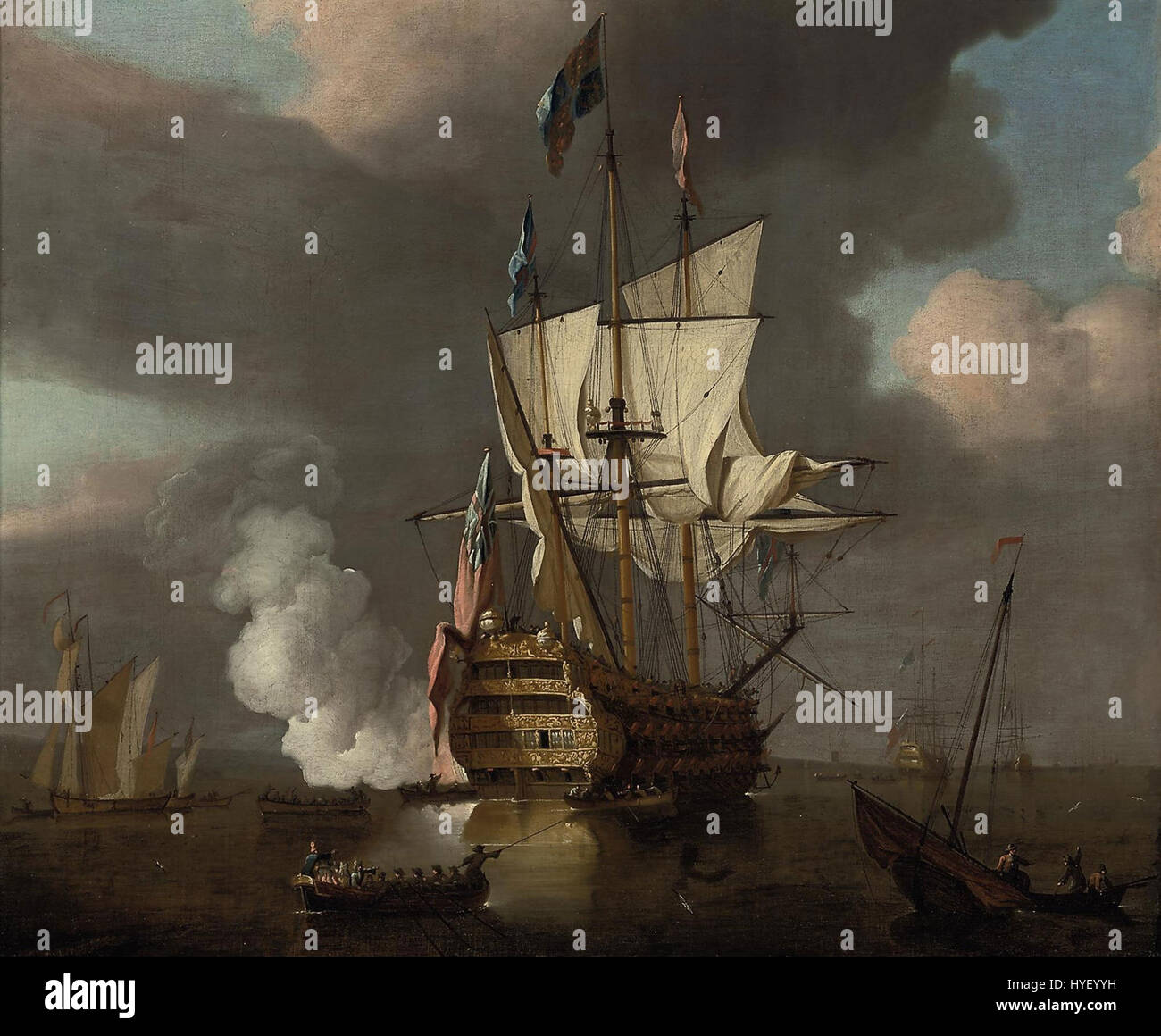 "The Flagship Royal Sovereign Saluting at the Nore" di Peter Monamy è un dipinto marino che cattura una scena navale con grande attenzione ai dettagli. Il dipinto raffigura la nave ammiraglia Royal Sovereign mentre saluta al Nore, mostrando l'abilità di Monamy nel rendere soggetti marittimi. Foto Stock