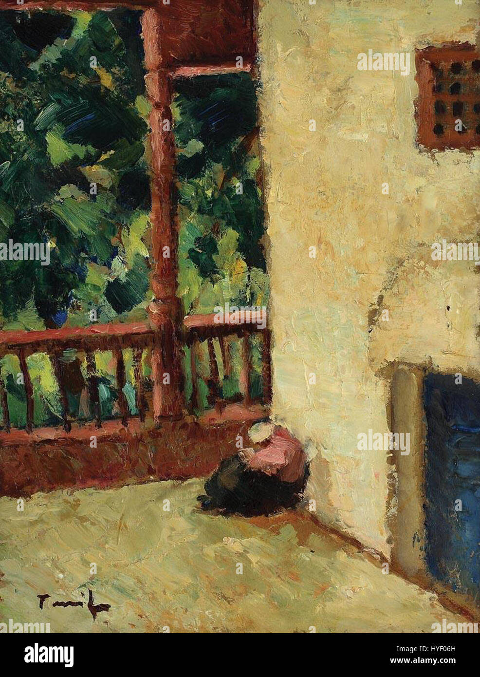 Il *Tataroaica in Cerdac* di Nicolae Tonitza (la donna tatara sul Portico) presenta un ritratto di una donna in tradizionale abito rumeno, catturato in un momento sereno e intimo su un portico. Il dipinto esemplifica la capacità di Tonitza di fondere realismo con colori vivaci e identità culturale. Foto Stock