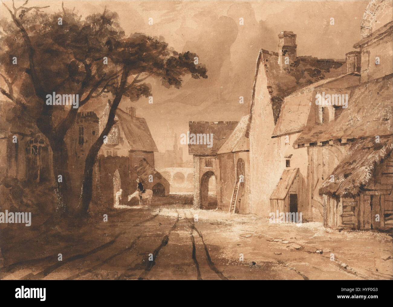 Lo "studio dei vecchi edifici" di Samuel Palmer raffigura rovine architettoniche o edifici più vecchi, mostrando l'attenzione di Palmer sulla natura e sull'ambiente costruito dall'uomo. Il lavoro cattura la texture antica e la bellezza senza tempo delle strutture storiche. Foto Stock