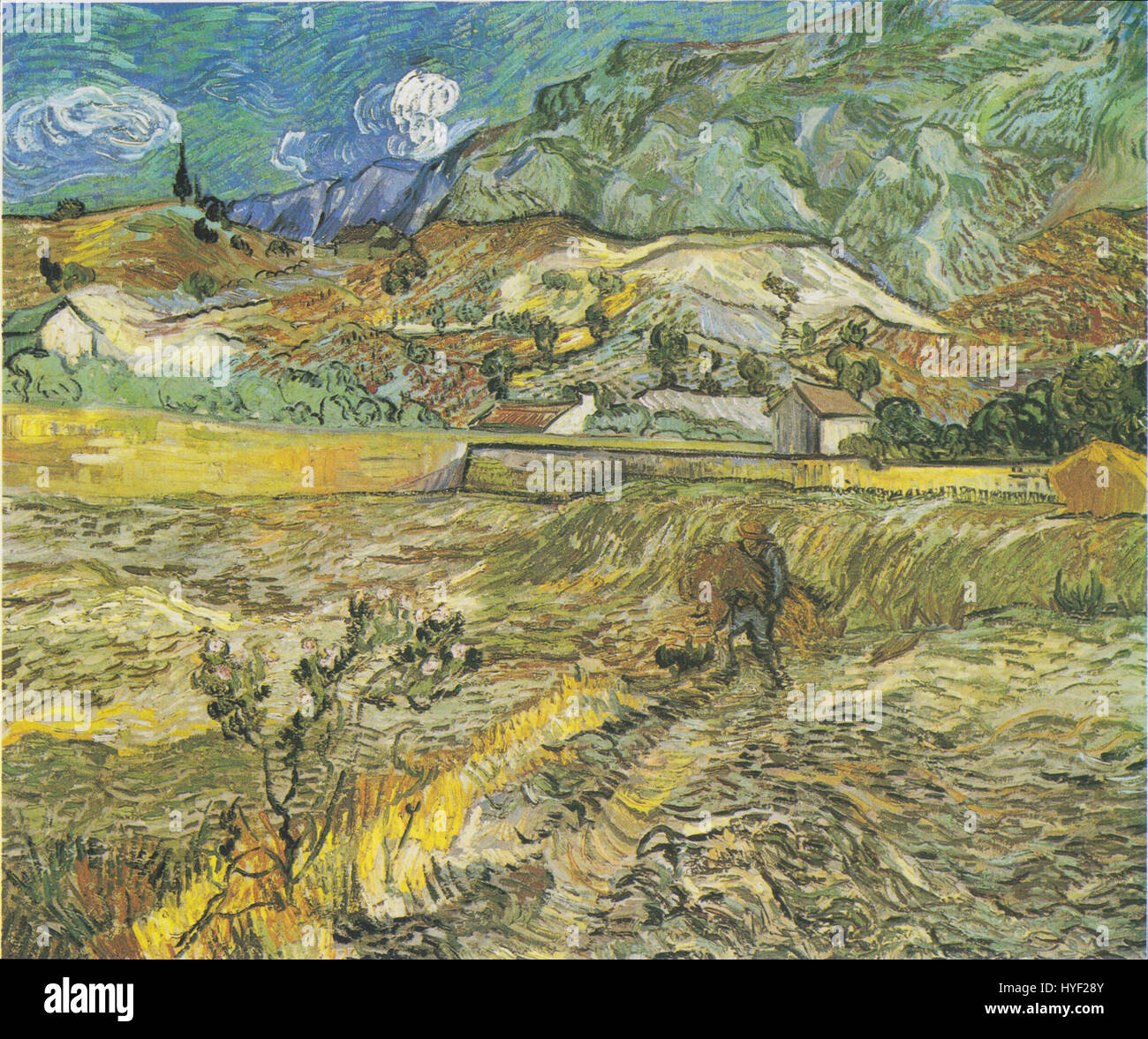 Questo dipinto di Vincent van Gogh, intitolato "Weizenfeld hinter dem Hospital Saint Paul mit Bauer", raffigura un paesaggio rurale con un contadino che lavora in un campo di grano dietro l'ospedale Saint Paul. Riflette la maestria di Van Gogh nel catturare la vita di tutti i giorni con colori vivaci e pennellate dinamiche. Foto Stock