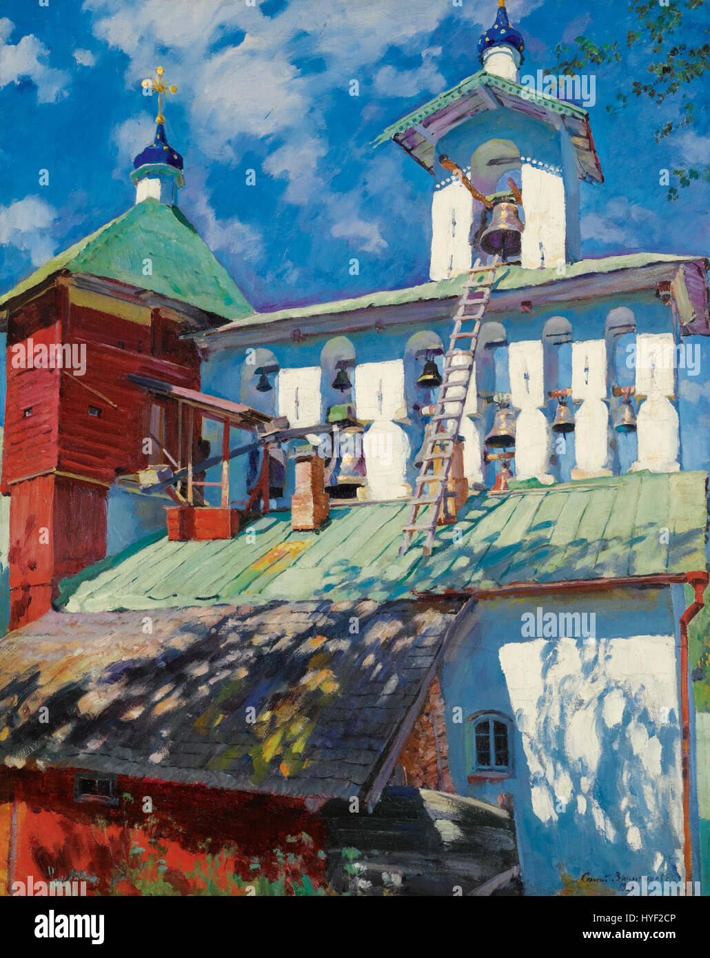 "Vinogradov Belfry" si riferisce a una rappresentazione di un campanile dell'artista russo Vinogradov, probabilmente incentrata sulla bellezza architettonica e il significato culturale delle strutture religiose russe. Il campanile è un simbolo iconico dell'architettura ortodossa russa. Foto Stock