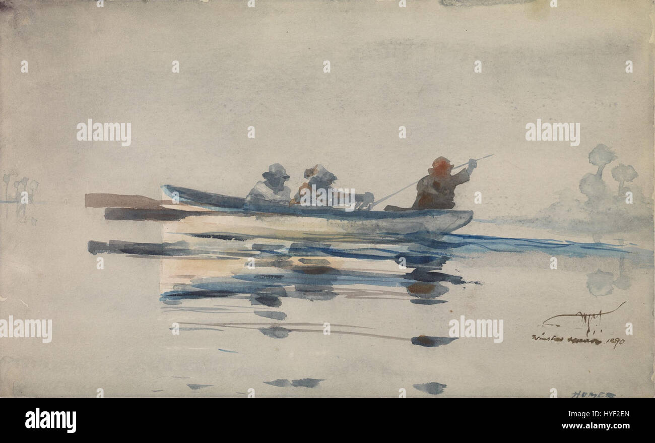 "Tre uomini in una barca" di Winslow Homer è un dipinto che raffigura tre uomini in una barca, godendosi un momento di pace sull'acqua. Conosciuto per il suo stile realistico e suggestivo, Homer cattura l'essenza del tempo libero in un ambiente naturale sereno. Foto Stock