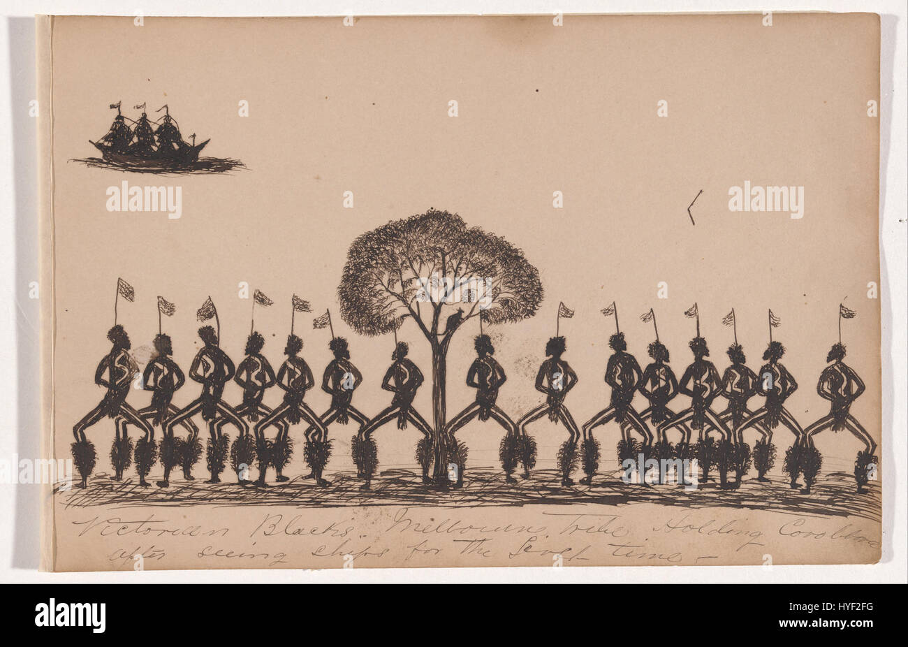 Questo schizzo di Tommy McRae raffigura i membri del popolo Kwatkwat, parte della tribù vittoriana dei neri, che detengono un corroboree dopo il loro primo incontro con le navi. L'opera d'arte mette in risalto la cultura indigena australiana e il significativo momento di contatto europeo nel XIX secolo. Foto Stock