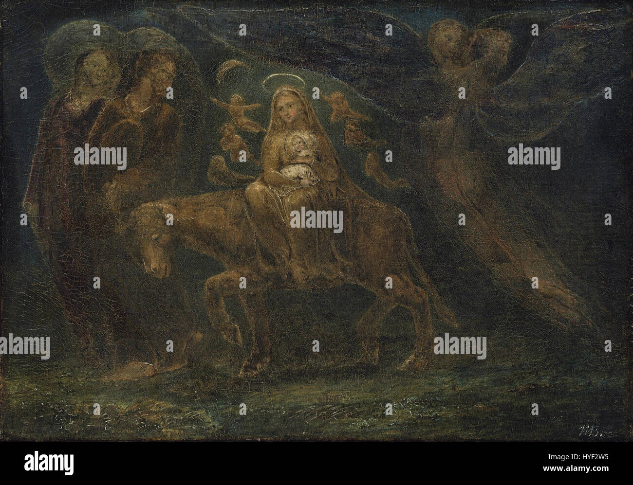 La fuga in Egitto di William Blake raffigura la fuga della Sacra famiglia in Egitto. Il pezzo è noto per il suo vivido simbolismo, gli elementi mistici e la combinazione unica di poesia e arte visiva di Blake nell'Inghilterra del XVIII secolo. Foto Stock