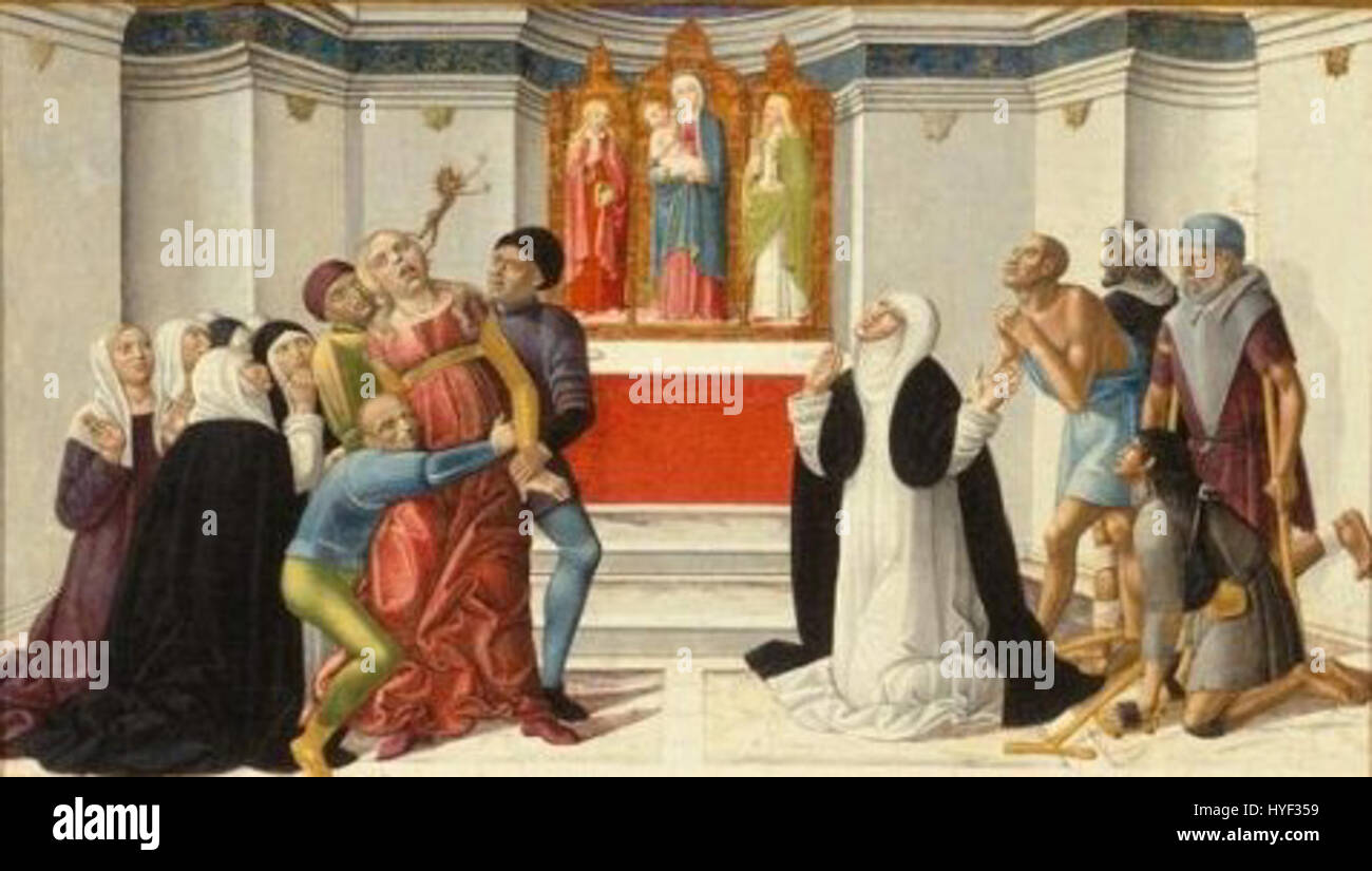 'St. Caterina da Siena esorcizzare un Ossessa", dipinto da Girolamo di Benvenuto Foto Stock