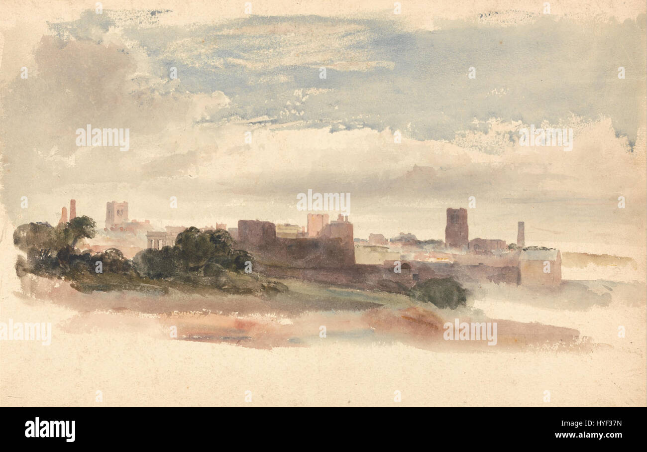 Il dipinto di Chester del XIX secolo di Peter DeWint cattura il fascino di questa storica città britannica. Conosciuto per i suoi paesaggi, DeWint utilizza toni tenui e pennellate dettagliate per rappresentare l'architettura e i dintorni di Chester in modo sereno e naturalistico. Foto Stock