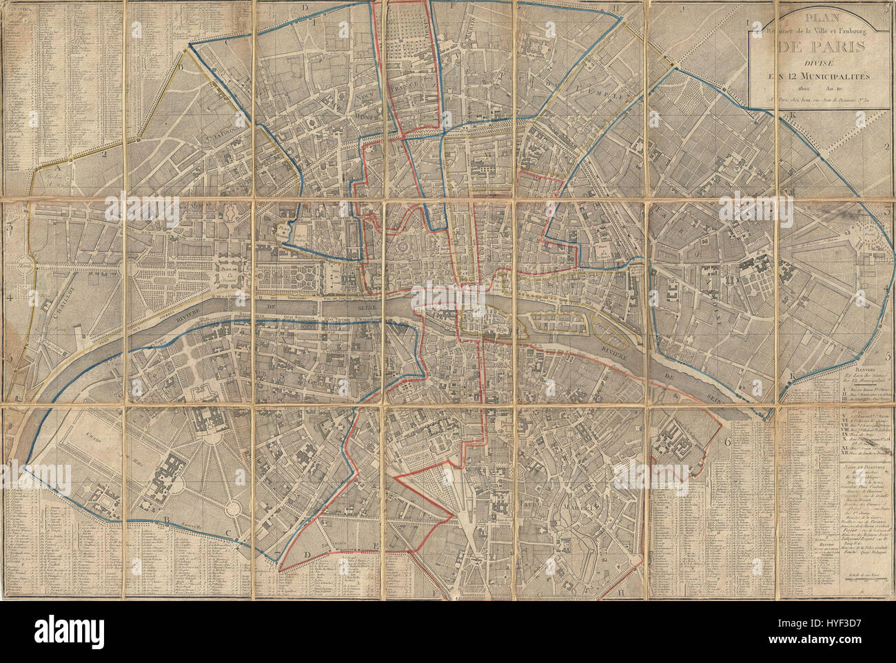 Questa mappa, creata nel 1802 da Chez Jean, illustra Parigi divisa in 12 comuni. La mappa offre una rappresentazione cartografica dettagliata della città durante l'inizio del XIX secolo, evidenziando i confini amministrativi e la disposizione urbana di Parigi. È un documento storico chiave che mostra Parigi in un momento cruciale nel suo sviluppo. Foto Stock