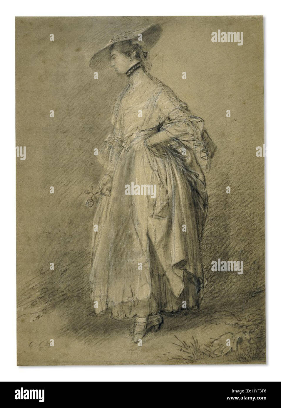 Questo disegno di Thomas Gainsborough ritrae una donna che tiene in mano una rosa, mostrando il suo delicato lavoro di linea e la sua attenzione ai dettagli. Gainsborough era noto per le sue abili raffigurazioni di figure umane, spesso focalizzate sull'eleganza e sulle sottili emozioni. Foto Stock