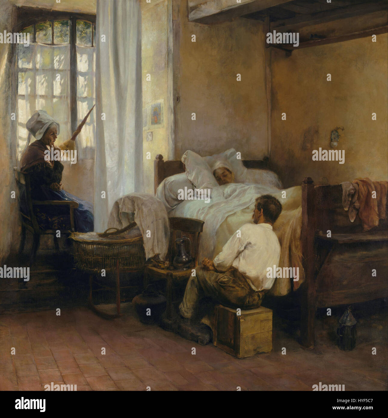 Il "primogenito" di Gaston la Touche è un dipinto simbolico che rappresenta la nascita di un bambino, catturando la tenerezza e l'emozione del momento. L'opera è caratterizzata da una ricca tavolozza di colori e da una morbida pennellata. Foto Stock