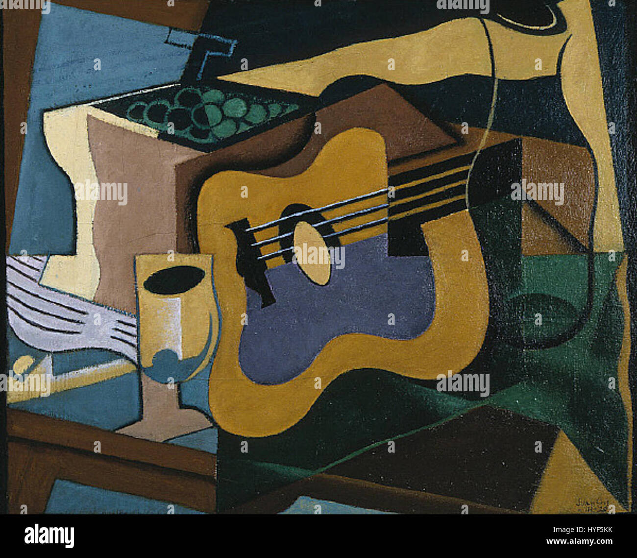 A Cubist Still Life di Juan Gris, concentrandosi sull'astrazione di una chitarra e di altri oggetti, dimostrando la sua interpretazione unica del cubismo. Foto Stock