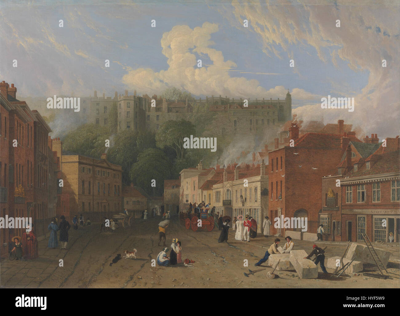 Questo dipinto di George Vincent, intitolato *A View of Thames Street, Windsor*, raffigura il fiume Tamigi vicino a Windsor all'inizio del XIX secolo. Il lavoro di Vincent cattura il paesaggio sereno con dettagli vividi ed effetti atmosferici. Foto Stock
