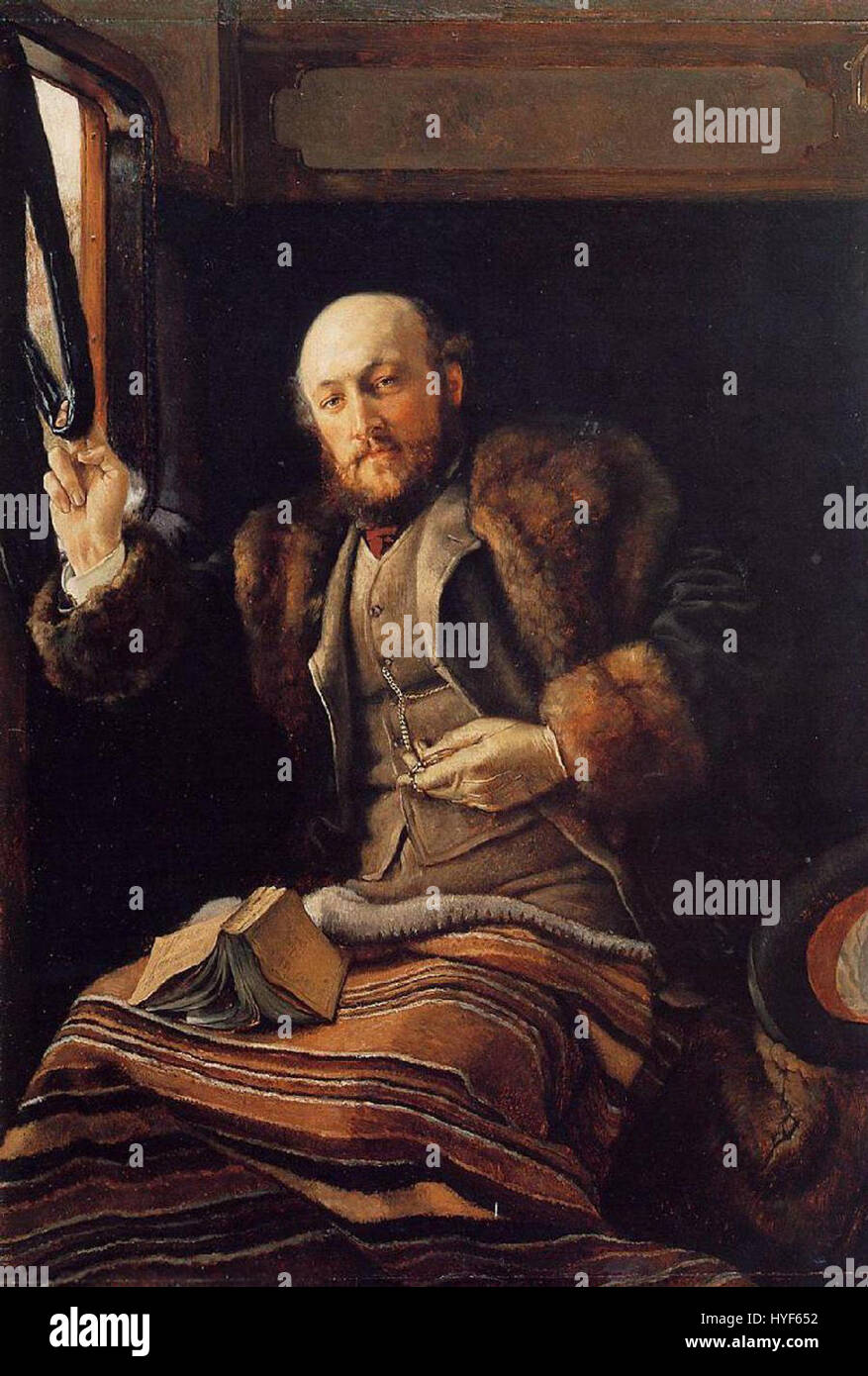 La *Railway Carriage* di James Tissot raffigura un momento all'interno di un treno, catturando l'interno di una carrozza ferroviaria del XIX secolo. Il dipinto mette in risalto la moda e l'atmosfera sociale del tempo, con particolare attenzione alle espressioni delle figure e ai dettagli degli interni del treno. Foto Stock