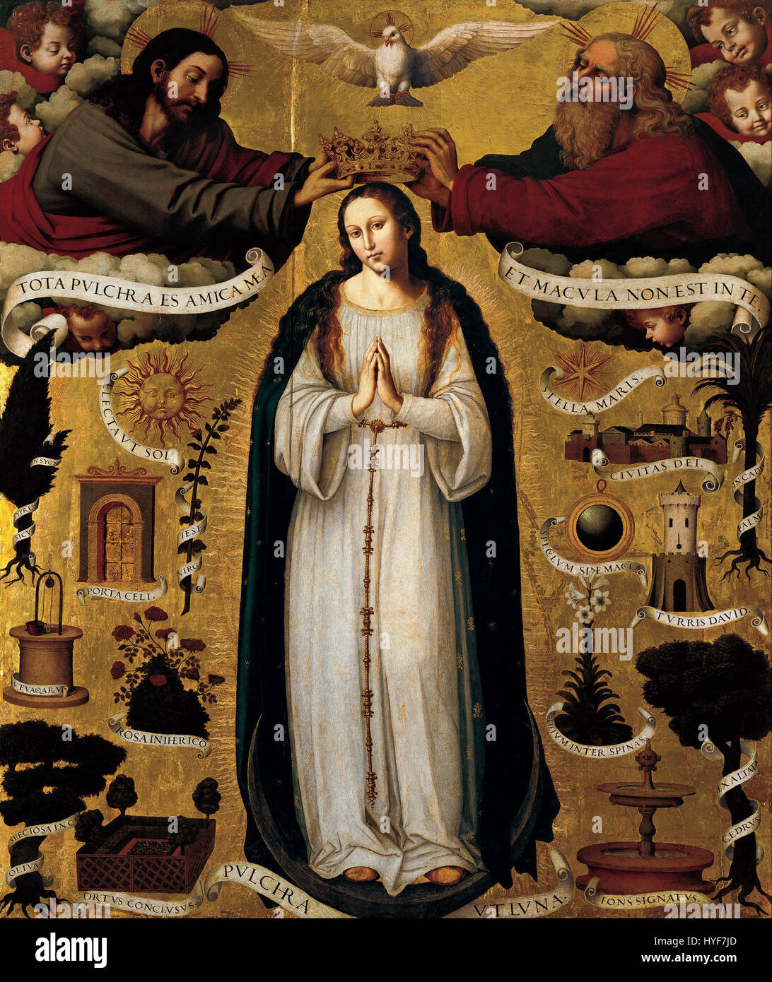 "L'Immacolata Concezione" di Joan de Joanes ritrae la Vergine Maria in una scena devozionale e simbolica. Il dipinto riflette l'iconografia religiosa ed enfatizza la purezza e la grazia all'interno della tradizione cattolica. Foto Stock "L'Immacolata Concezione" di Joan de Joanes ritrae la Vergine Maria in una scena devozionale e simbolica. Il dipinto riflette l'iconografia religiosa ed enfatizza la purezza e la grazia all'interno della tradizione cattolica. Foto Stock