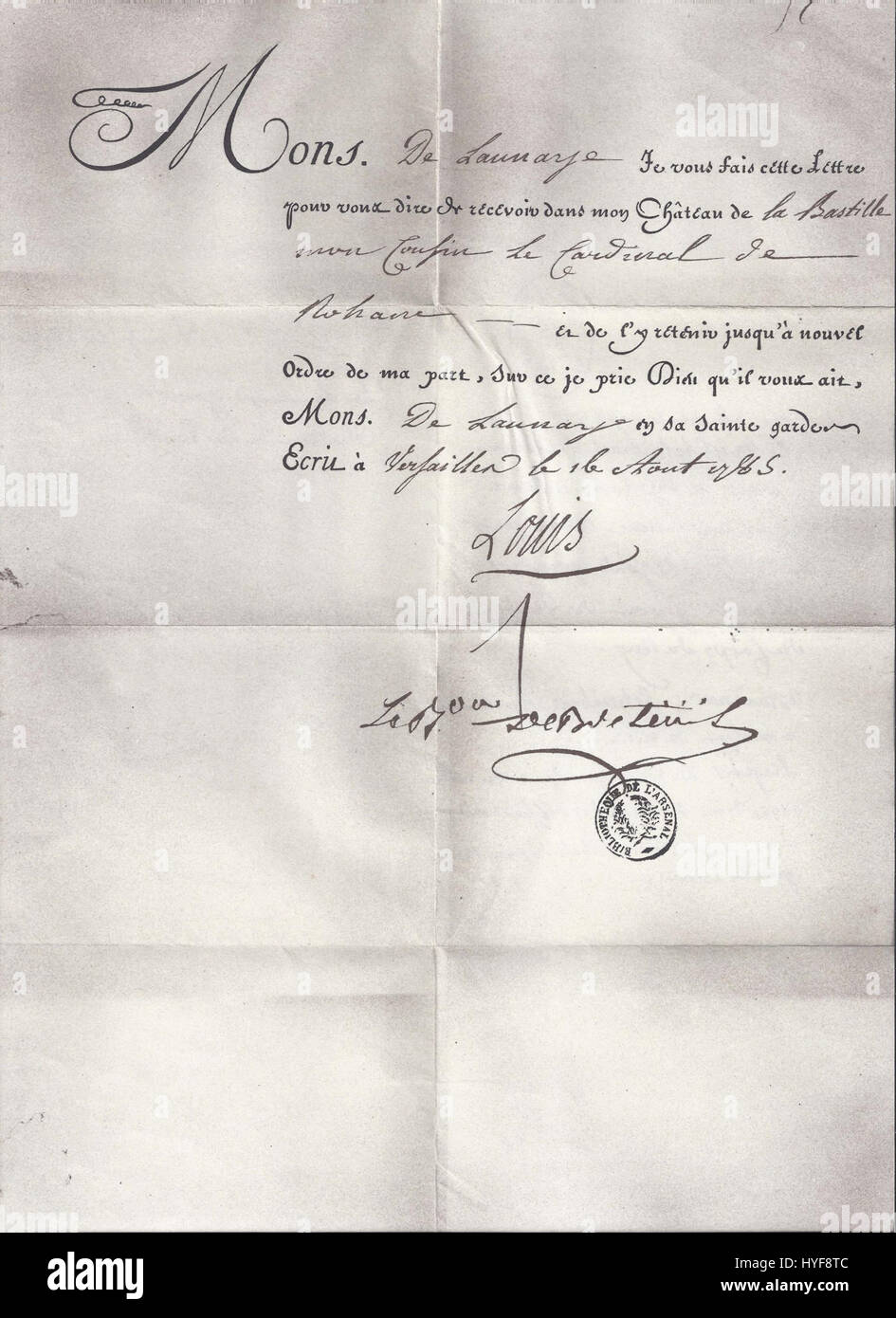 Lettre d'embastillement du Cardinal de Rohan (1785 08 16).recto Foto Stock