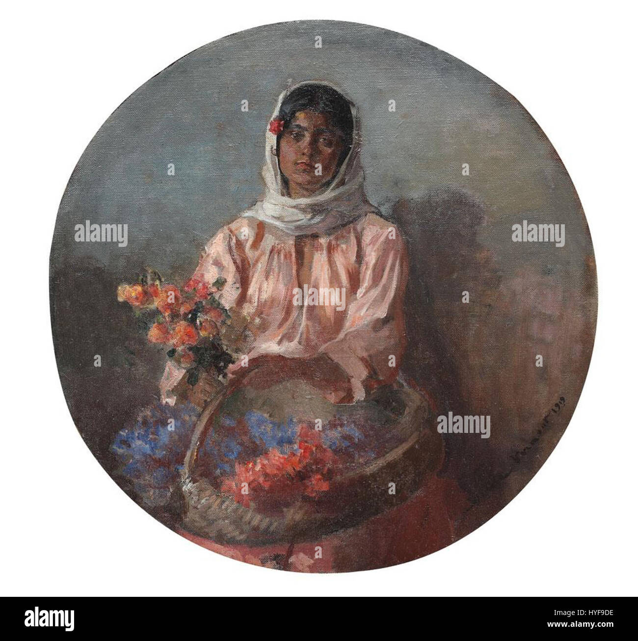 "Florareasa" di Nicolae Vermont raffigura una donna rumena in abito tradizionale, con un bouquet di fiori. Il dipinto mette in mostra la semplicità e la bellezza della vita rurale in Romania, con particolare attenzione all'abbigliamento vivace del soggetto e all'ambiente naturale. Foto Stock