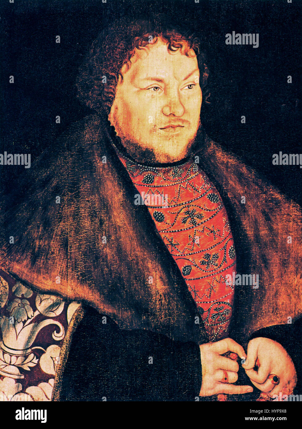 Il dipinto di Gioacchino i Nestor di Lucas Cranach raffigura il sovrano in un ambiente regale, riflettendo gli ideali rinascimentali della ritrattistica. L'opera cattura la presenza dignitosa del leader e illustra la maestria di Cranach nella ritrattistica rinascimentale. Foto Stock