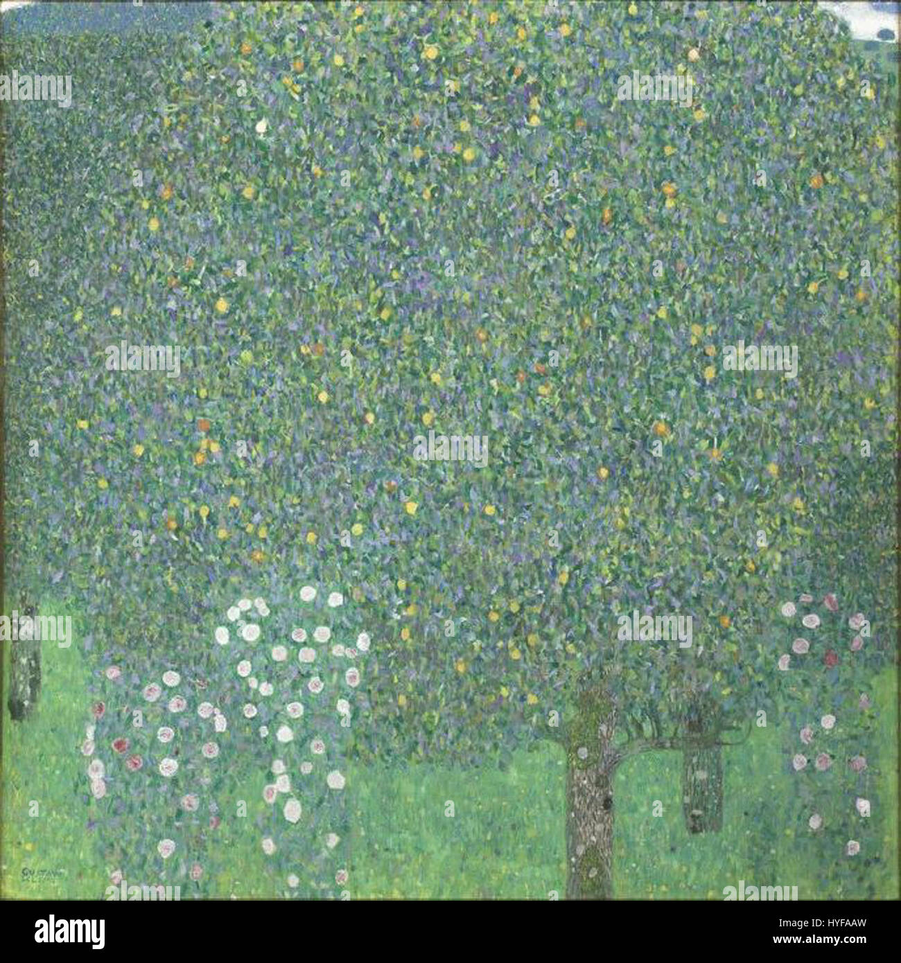 «Rose cespugli sotto gli alberi» (c. 1905) di Gustav Klimt raffigura un paesaggio tranquillo con vegetazione lussureggiante e rose vivaci. Lo stile decorativo distintivo di Klimt e l'attenzione per i dettagli in natura sono evidenti in questo lavoro dei primi anni del XX secolo. Foto Stock