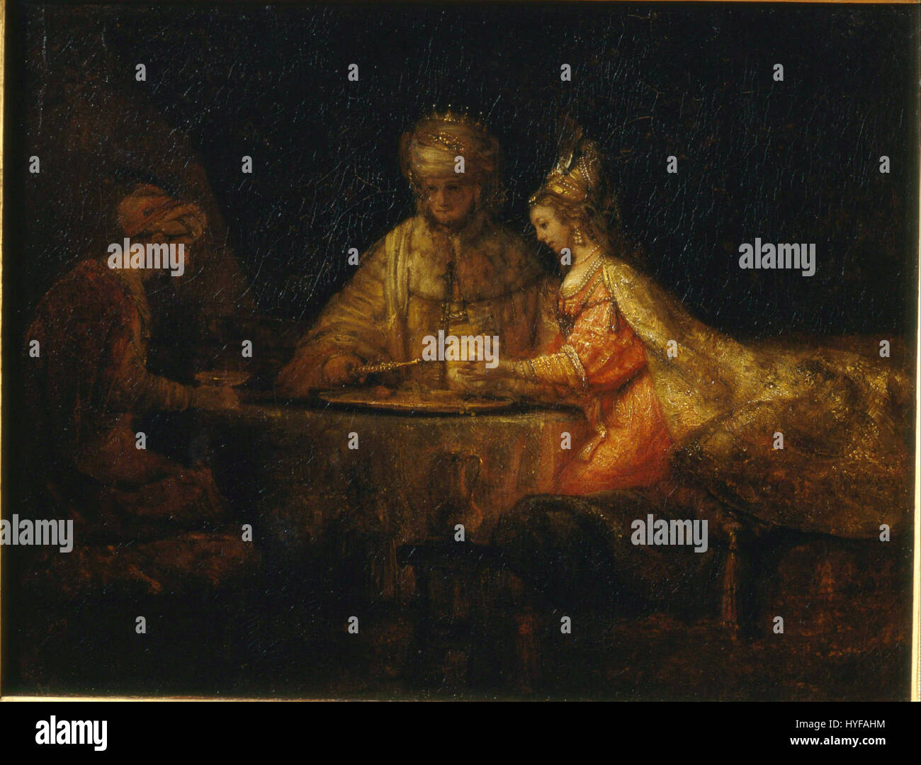Questo dipinto di Rembrandt raffigura la storia biblica di Assuero, Haman ed Esther, concentrandosi su temi di potere, politica e morale. È un esempio fondamentale della padronanza di Rembrandt nel catturare le emozioni umane e le narrazioni bibliche. Foto Stock