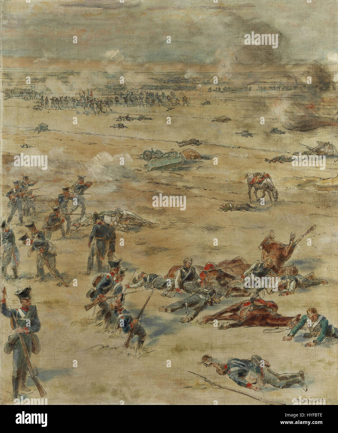 Schlachtfeld in den Napoleonischen Kriegen di Theo Poilpot raffigura una scena sul campo di battaglia delle guerre napoleoniche. Il dipinto mette in evidenza l'intenso conflitto militare e il significato storico dell'era napoleonica. Foto Stock