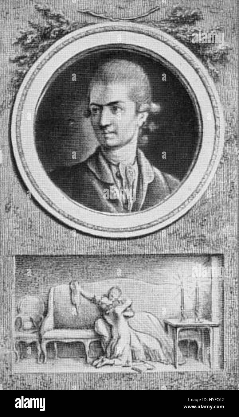 Questa illustrazione di Daniel Chodowiecki da "i dolori del giovane Werther" di Goethe raffigura un momento drammatico del romanzo. Il disegno cattura il tumulto emotivo di Werther, riflettendo i temi dell'amore non corrisposto e della disperazione centrali del lavoro. Foto Stock