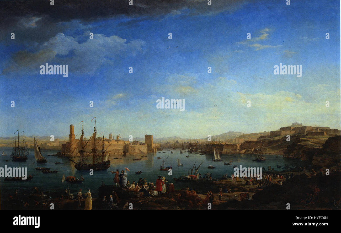 Il porto di Marsiglia, una importante città portuale francese, in una veduta di un creatore sconosciuto. Foto Stock