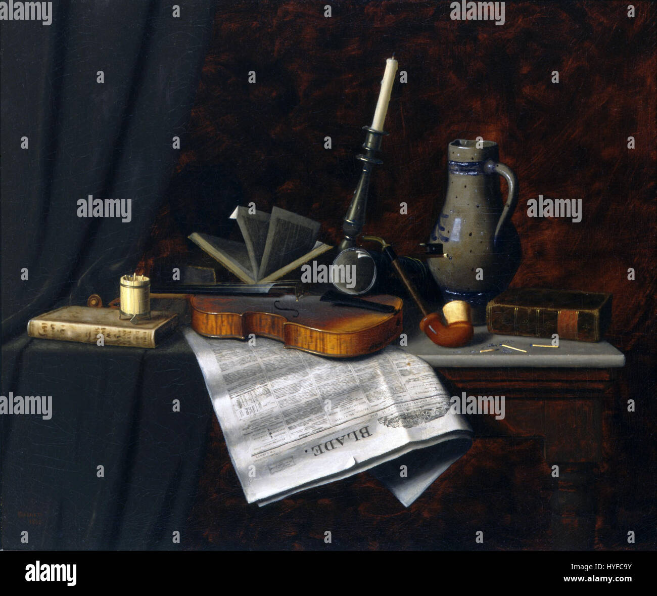 La *STILL Life with the Toledo Blade* di William Michael Harnett è un notevole esempio di trompe-l'oeil del XIX secolo. Il dipinto presenta una disposizione dettagliata degli oggetti, con un'enfasi sulla texture realistica e sul design intricato della lama. Foto Stock