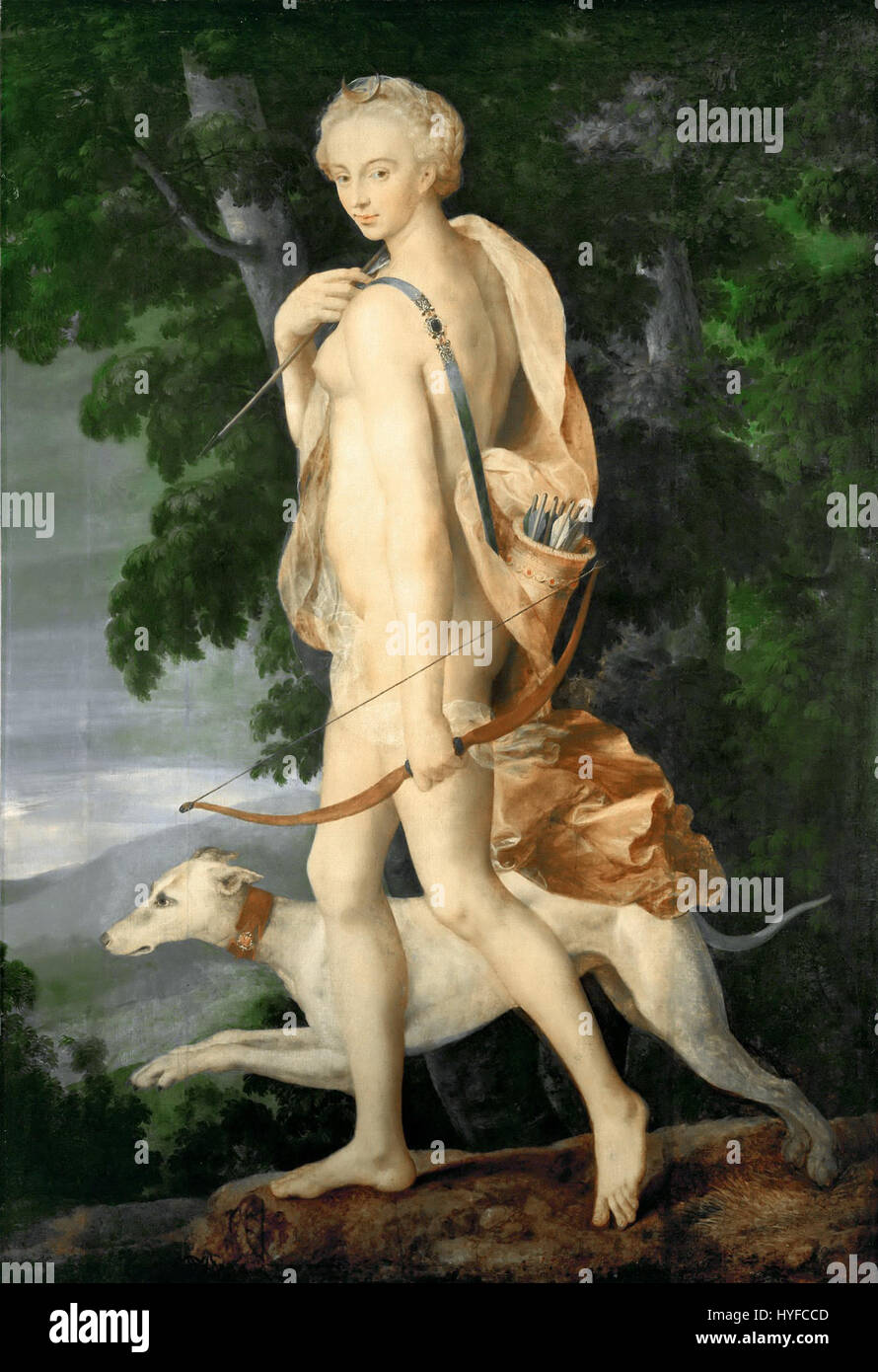 Questa opera, attribuita a Luca Penni, raffigura Diana, la dea romana della caccia, in una posa classica. L'opera è collegata alla Scuola di Fontainebleau, un significativo movimento artistico nella Francia rinascimentale. Mostra la bellezza idealizzata e la precisione anatomica tipiche dell'epoca, riflettendo l'influenza sia degli artisti del Rinascimento italiano che delle preferenze artistiche della corte francese. Foto Stock