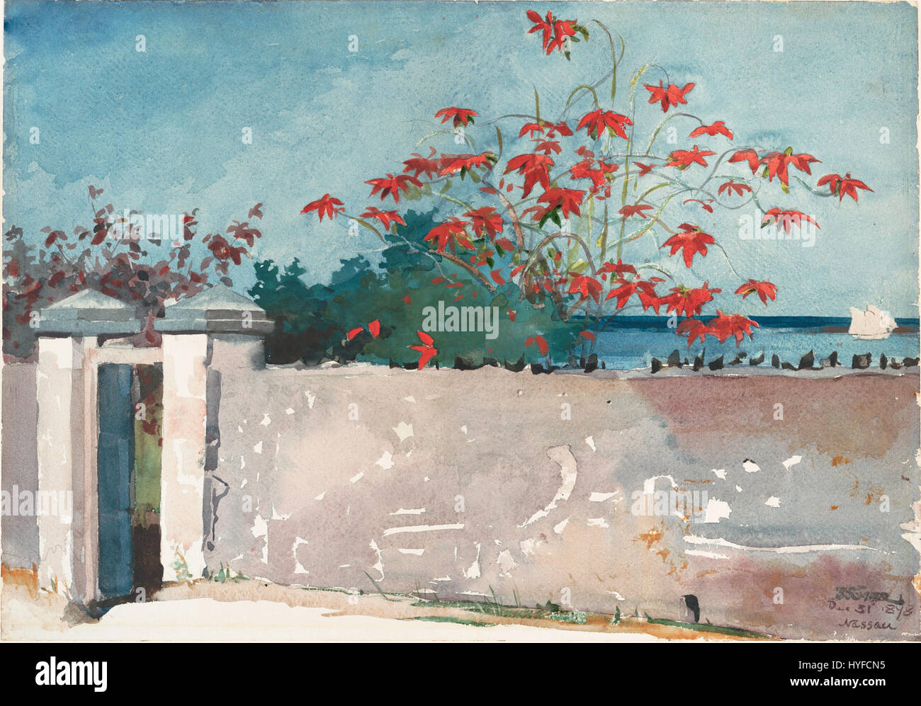 "A Wall, Nassau" è un dipinto di Winslow Homer che mostra una scena rurale a Nassau. Conosciuto per la sua vivida rappresentazione di luci e ombre, il pezzo cattura la semplicità e la bellezza della vita quotidiana nelle Bahamas durante la fine del XIX secolo. Foto Stock
