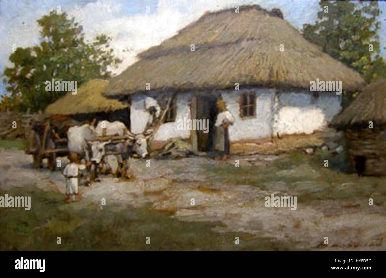 "Casa taraneasca" di Ludovic Bassarab raffigura una tradizionale casa rurale rumena, che riflette lo stile architettonico e le pratiche culturali della Romania rurale. Il dipinto mette in evidenza la semplicità e la bellezza rustica della vita rurale. Foto Stock "Casa taraneasca" di Ludovic Bassarab raffigura una tradizionale casa rurale rumena, che riflette lo stile architettonico e le pratiche culturali della Romania rurale. Il dipinto mette in evidenza la semplicità e la bellezza rustica della vita rurale. Foto Stock