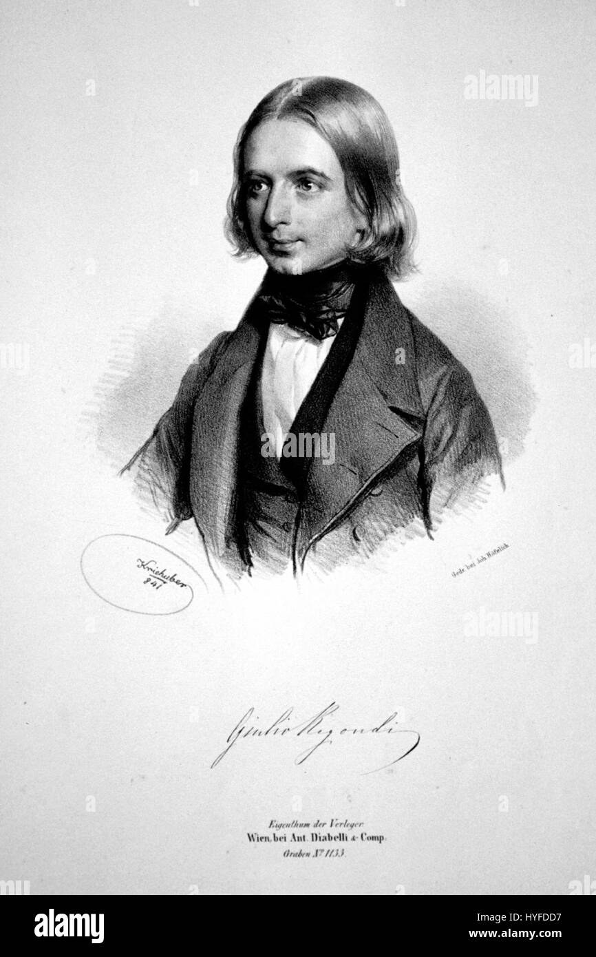 Giulio Regondi è stato un compositore e virtuoso italiano della chitarra e della concertina. Questa litografia cattura la sua somiglianza, evidenziando il suo contributo significativo alla musica e alle performance del XIX secolo. Foto Stock